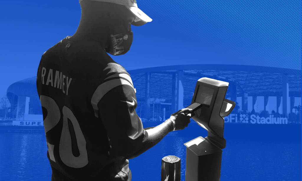 fan posing to get into superbowl with mobile entry