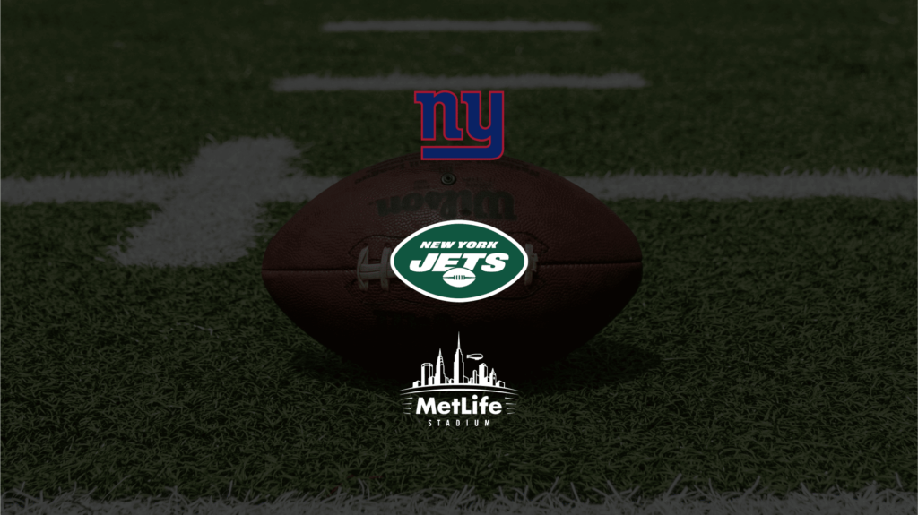 jets and MetLife logo over football and football field image